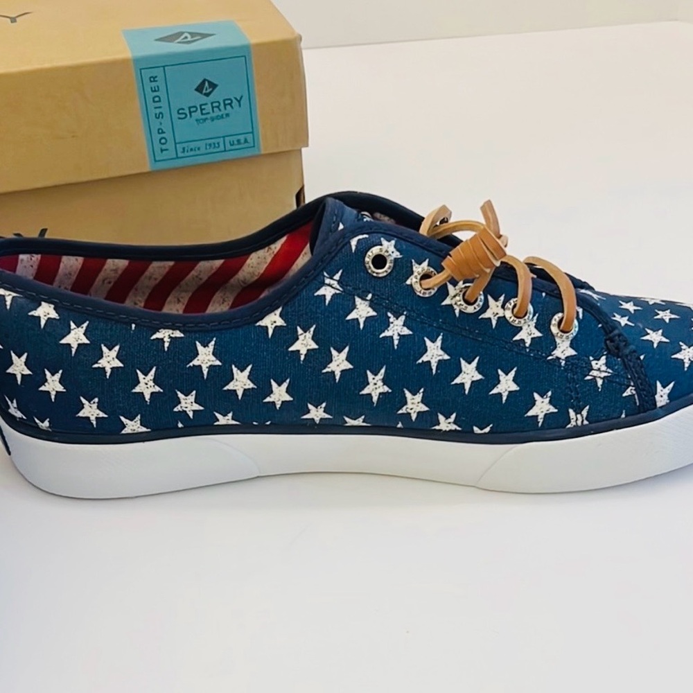 Sperry Navy Pier View Stars Print Canvas Sneakers with Tan Laces Size 7 1/2 - Picture 6 of 8